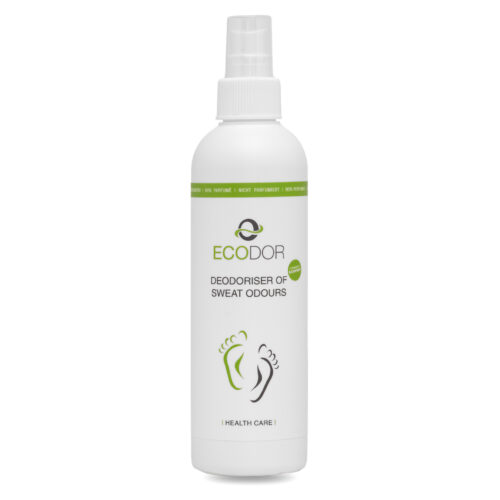 Fles Ecodor EcoFeet 0.25 liter, een compacte zweetgeurverwijderaar voor schoenen, kleding en voeten.