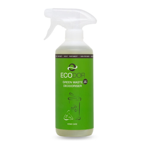 Fles Ecodor EcoShield 0.5 liter, een effectieve ontgeurder voor groente-, fruit- en tuinafval.