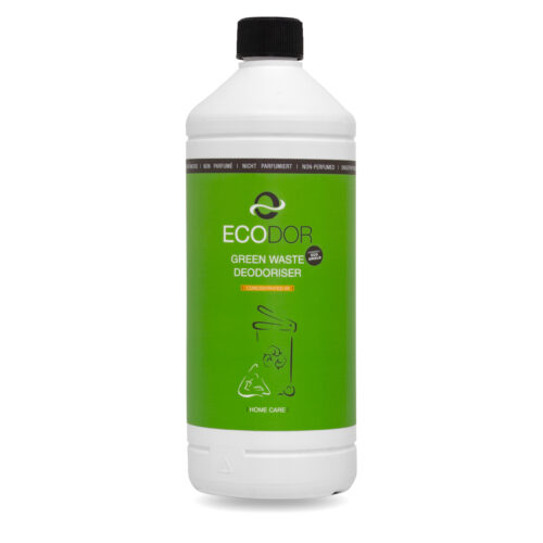 Fles Ecodor EcoShield 1 op 5 concentraat, een effectieve ontgeurder voor groente-, fruit- en tuinafval.