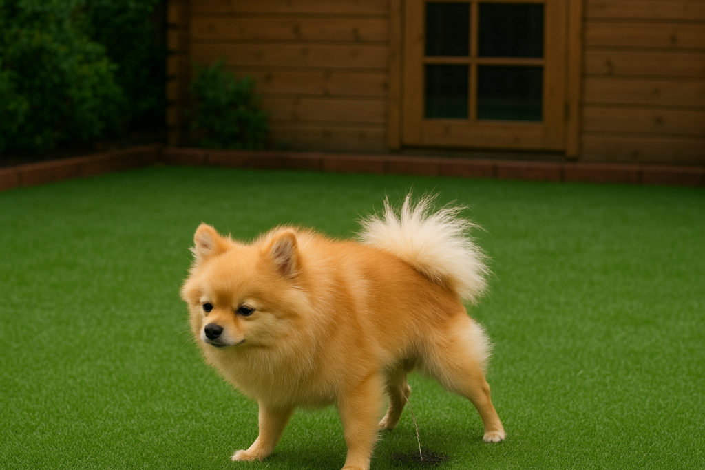 Chien urine sur le gazon synthétique dans le jardin