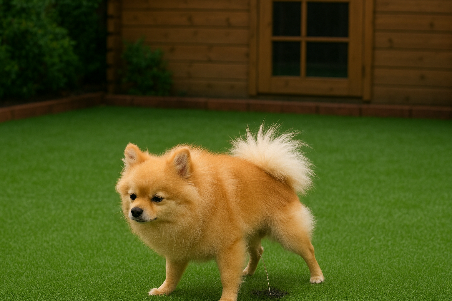 Chien urine sur le gazon synthétique dans le jardin