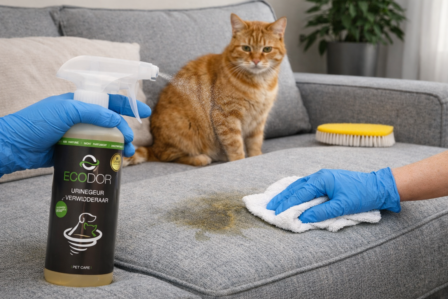 Éliminer l’odeur d’urine de chat d’un canapé avec le destructeur d’odeurs d’urine Ecodor : spray et chiffon