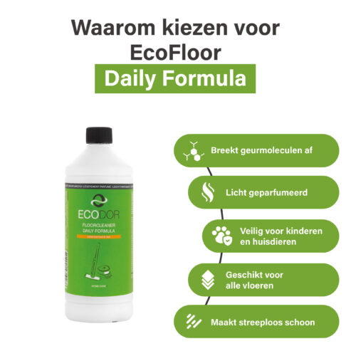 Infographie présentant les principaux avantages d'EcoFloor Daily Formula : décompose les molécules odorantes, légèrement parfumé, sûr pour les enfants et les animaux, adapté à tous les sols et nettoyage sans traces.