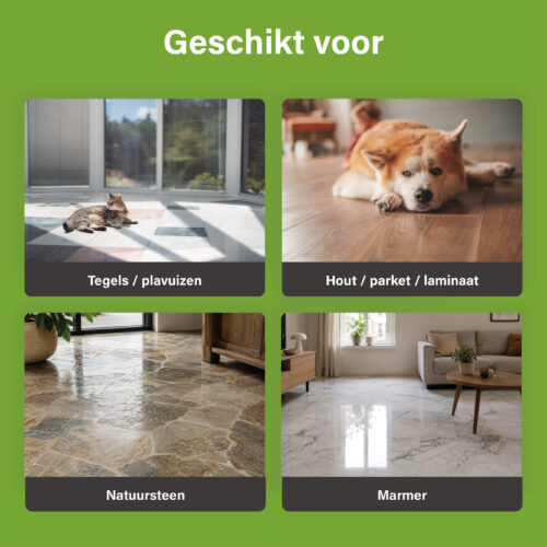 Présentation des types de sols compatibles avec Ecodor EcoFloor Daily Formula : carrelage, dalles, bois, parquet, stratifié, pierre naturelle et marbre.